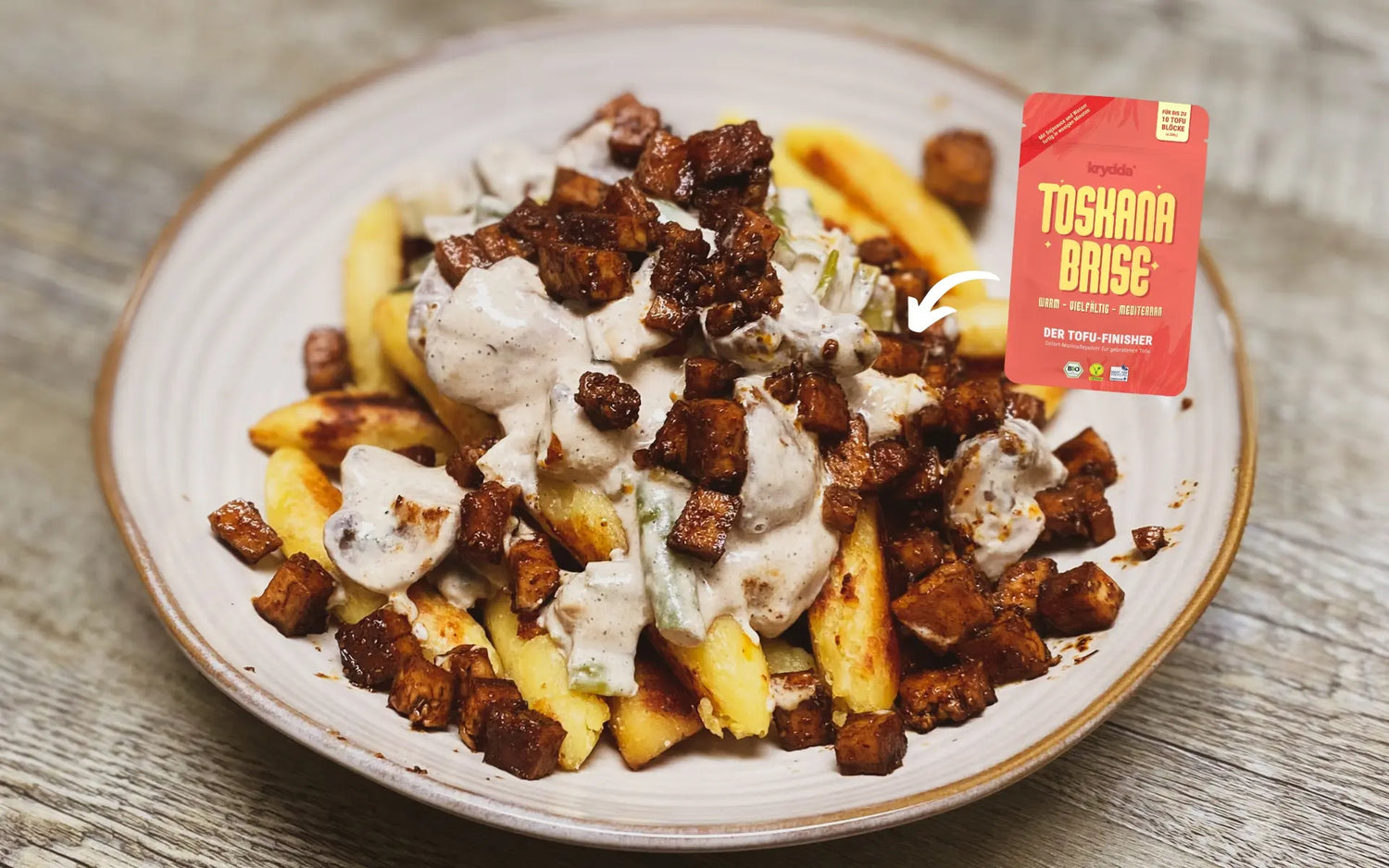 SCHUPFNUDELN MIT VEGANER SAHNESAUCE UND TOFU MIT KRYDDA TOSKANA BRISE